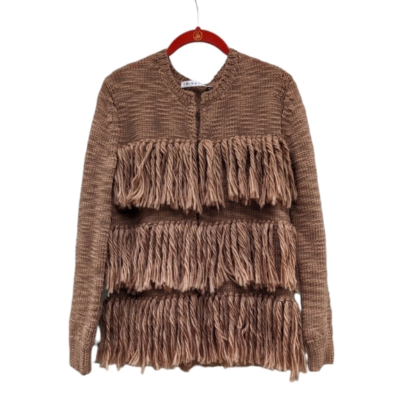 TRINA TURK brown wool Alexandria fringe cardigan sweater S/M - Picture 2 of 11